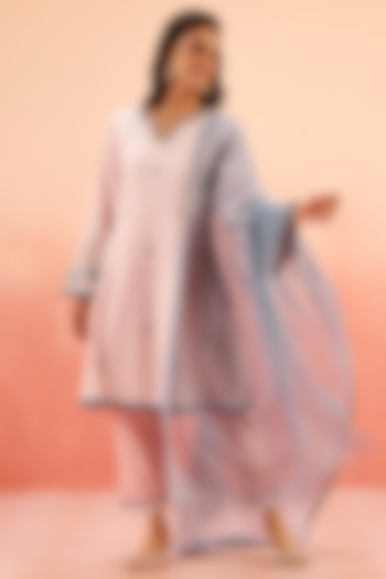 Pink Cotton Flax Striped Short A-Line Kurta Set by DOHR INDIA at Pernia's Pop Up Shop