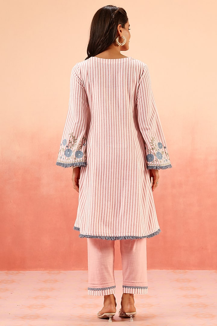 Pink Cotton Flax Striped Short A-Line Kurta Set by DOHR INDIA at Pernia's Pop Up Shop