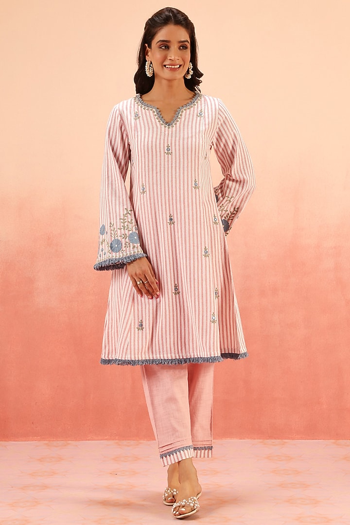 Pink Cotton Flax Striped Short A-Line Kurta Set by DOHR INDIA at Pernia's Pop Up Shop