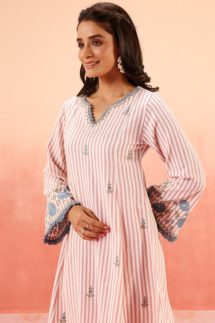 Pink Cotton Flax Striped Short A-Line Kurta Set by DOHR INDIA at Pernia's Pop Up Shop