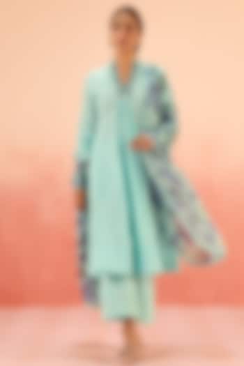 Blue Cotton Slub Jacquard Aari Embroidered A-Line Kurta Set by DOHR INDIA at Pernia's Pop Up Shop