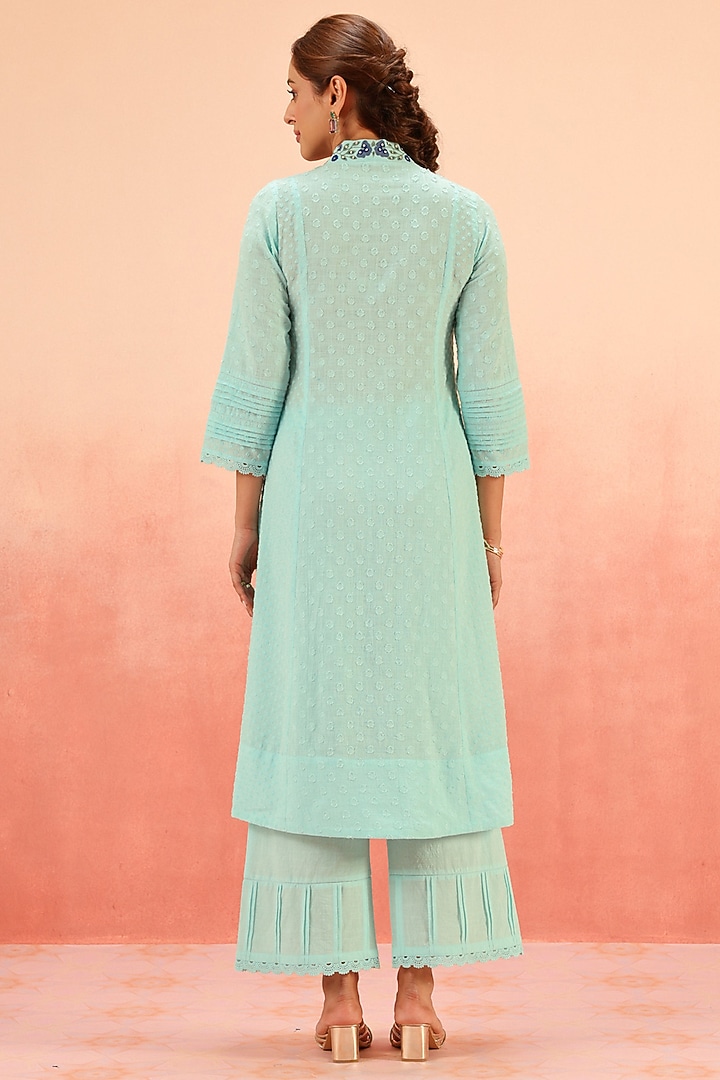 Blue Cotton Slub Jacquard Aari Embroidered A-Line Kurta Set by DOHR INDIA at Pernia's Pop Up Shop