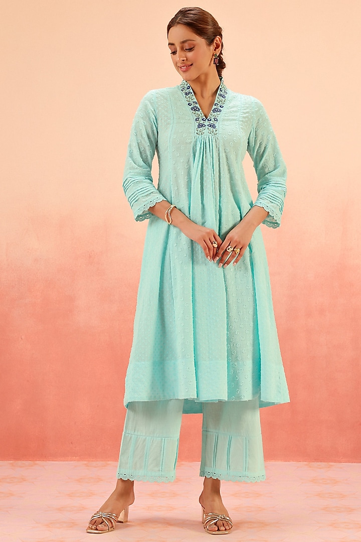 Blue Cotton Slub Jacquard Aari Embroidered A-Line Kurta Set by DOHR INDIA at Pernia's Pop Up Shop