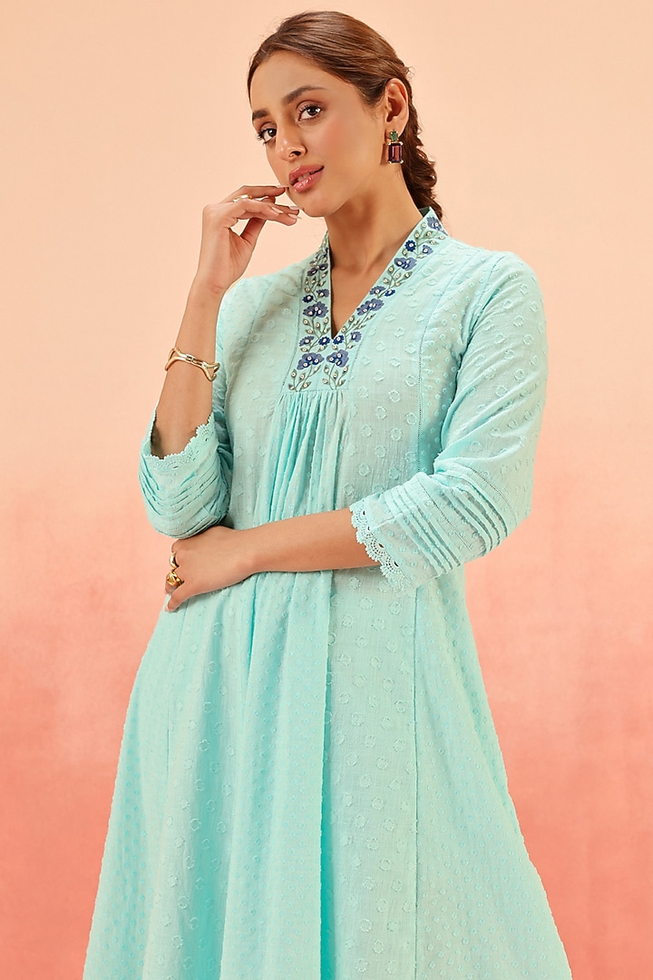 Blue Cotton Slub Jacquard Aari Embroidered A-Line Kurta Set by DOHR INDIA at Pernia's Pop Up Shop