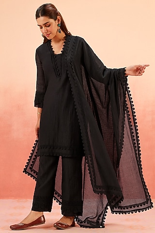 Black Cotton Silk Short Straight Kurta Set by DOHR INDIA