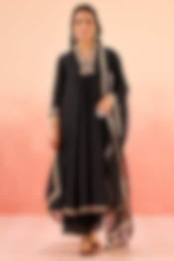 Black Cotton Silk Gota Work A-Line Set by DOHR INDIA at Pernia's Pop Up Shop