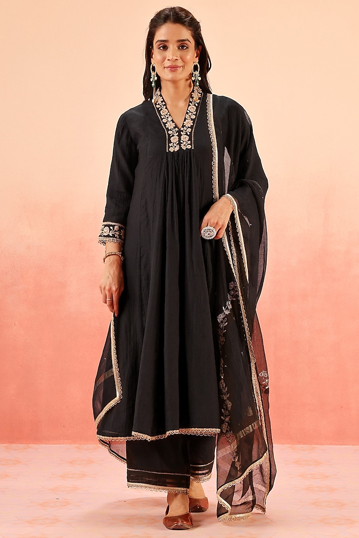 Black Cotton Silk Gota Work A-Line Set by DOHR INDIA at Pernia's Pop Up Shop