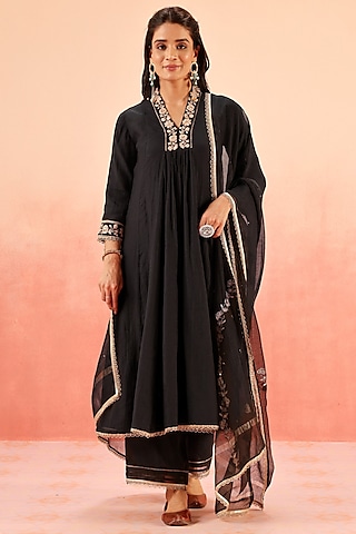 Black Cotton Silk Gota Work A-Line Set by DOHR INDIA