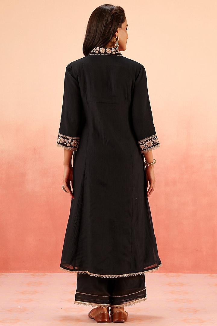 Black Cotton Silk Gota Work A-Line Set by DOHR INDIA at Pernia's Pop Up Shop