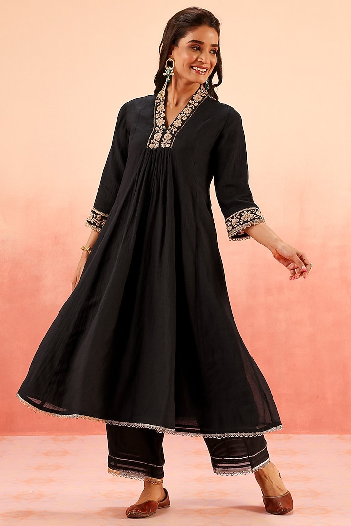 Black Cotton Silk Gota Work A-Line Set by DOHR INDIA at Pernia's Pop Up Shop