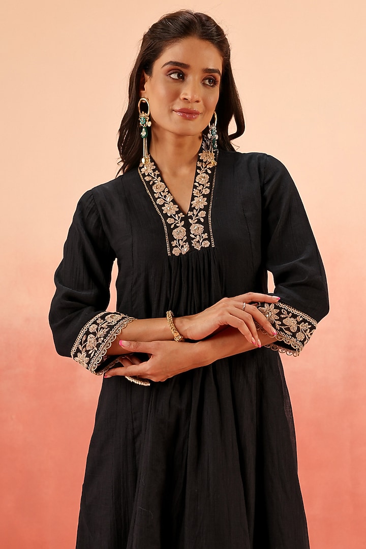 Black Cotton Silk Gota Work A-Line Set by DOHR INDIA at Pernia's Pop Up Shop