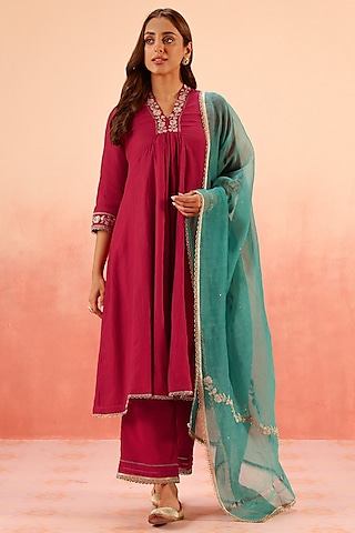 Crimson Red Cotton Silk Gota Work A-Line Set by DOHR INDIA