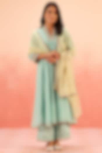 Turquoise Cotton Silk Aari Embroidered A-Line Kurta Set by DOHR INDIA at Pernia's Pop Up Shop