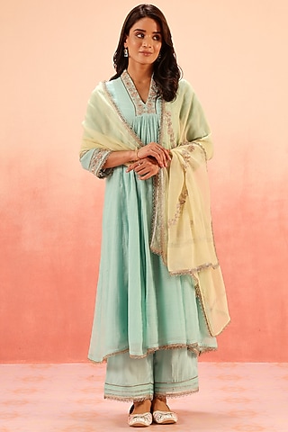 Turquoise Cotton Silk Aari Embroidered A-Line Kurta Set by DOHR INDIA
