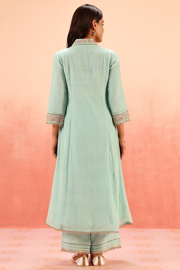 Turquoise Cotton Silk Aari Embroidered A-Line Kurta Set by DOHR INDIA at Pernia's Pop Up Shop