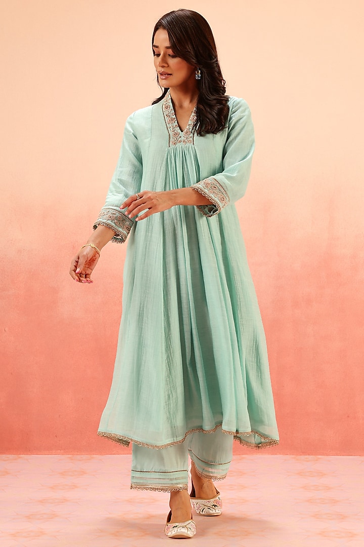 Turquoise Cotton Silk Aari Embroidered A-Line Kurta Set by DOHR INDIA at Pernia's Pop Up Shop