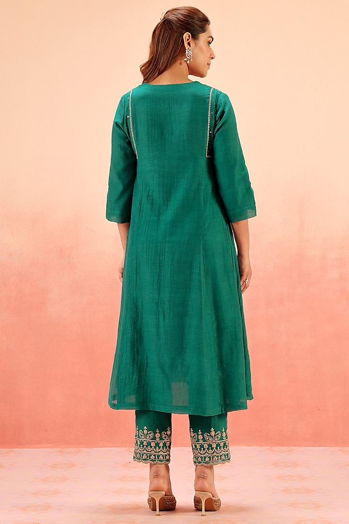 Teal Green Cotton Silk Dori Work A-Line Kurta Set by DOHR INDIA at Pernia's Pop Up Shop