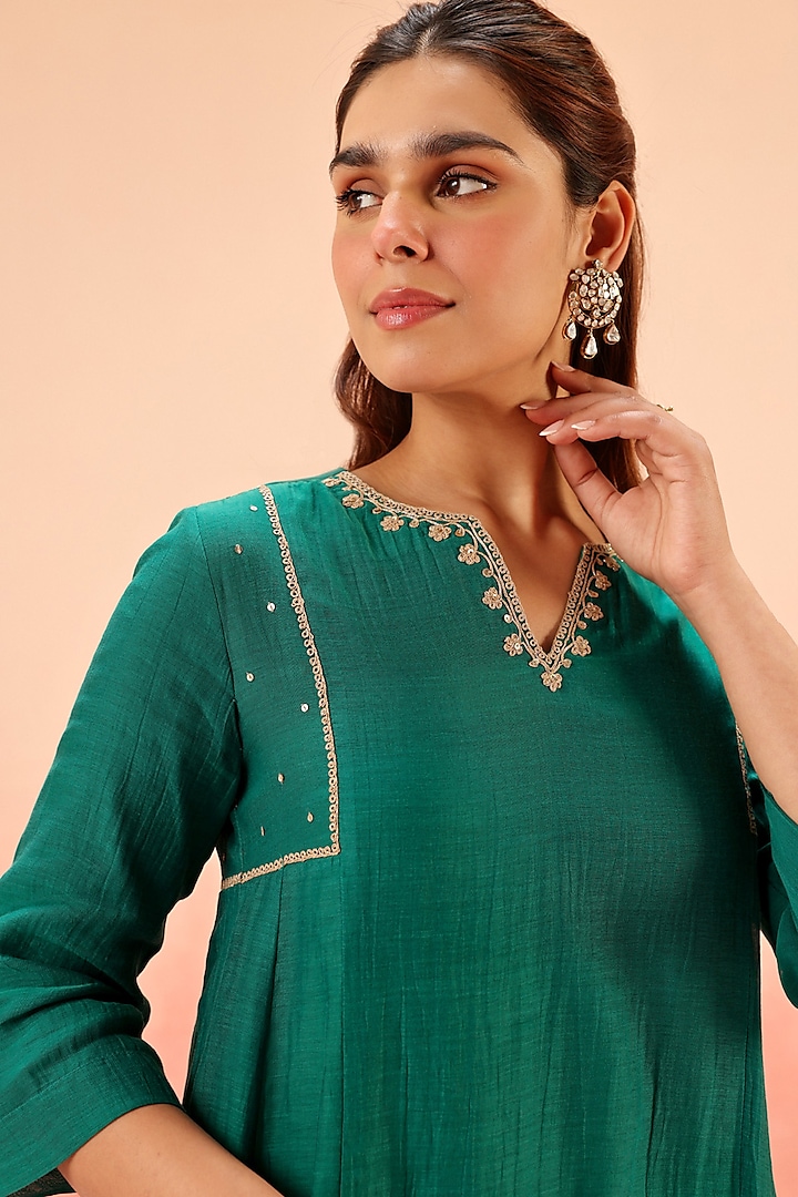 Teal Green Cotton Silk Dori Work A-Line Kurta Set by DOHR INDIA at Pernia's Pop Up Shop