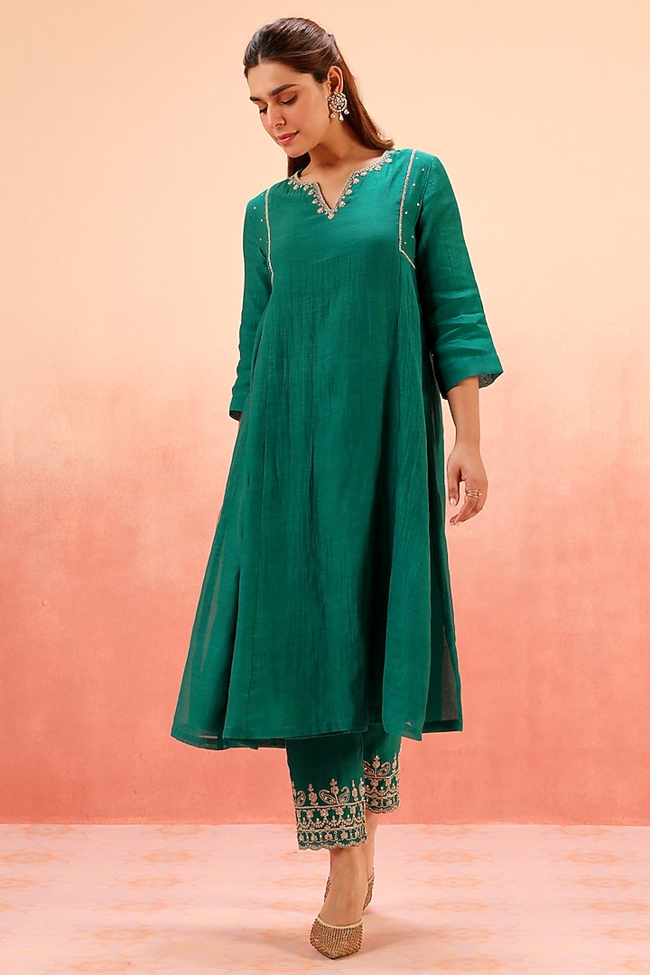 Teal Green Cotton Silk Dori Work A-Line Kurta Set by DOHR INDIA at Pernia's Pop Up Shop