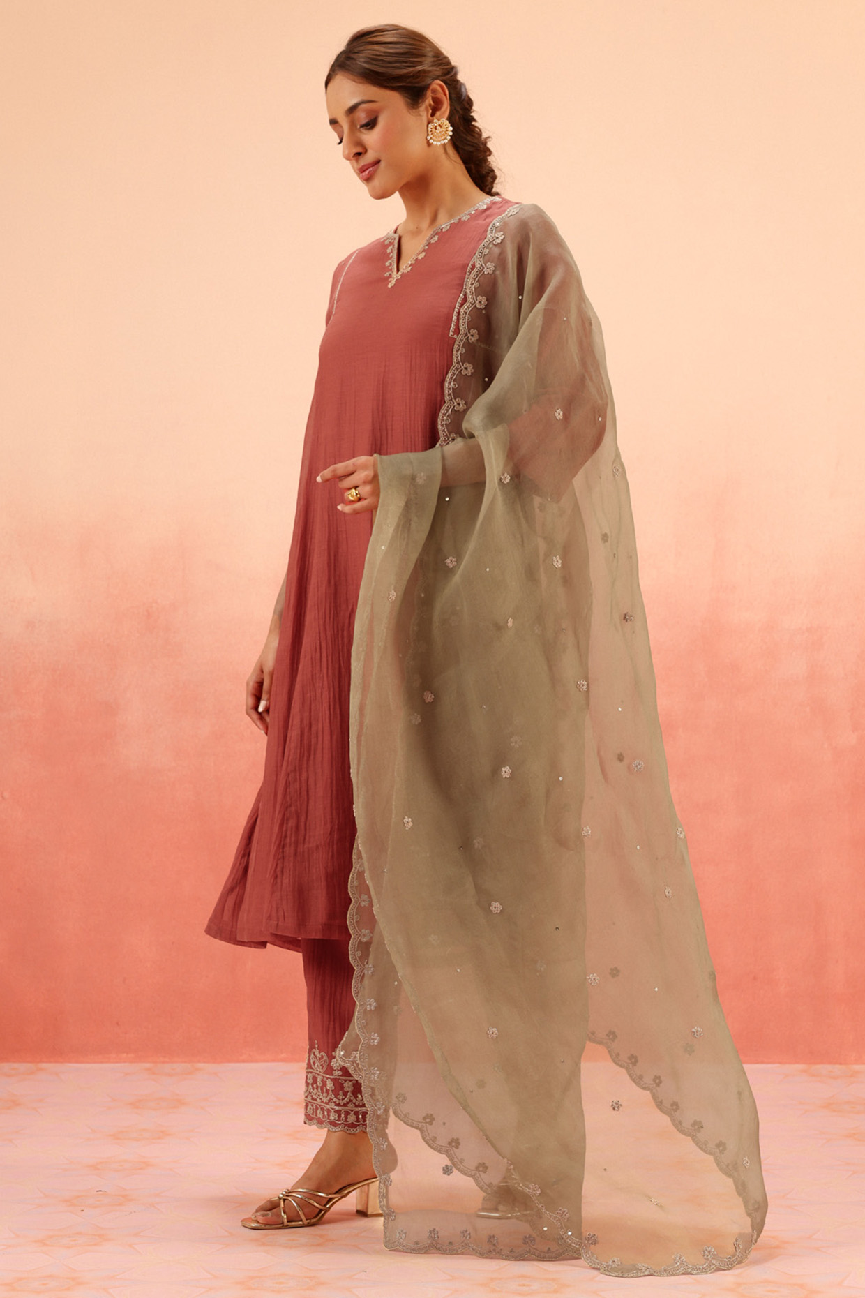 Red Cotton Silk Dori Work A-Line Kurta Set by DOHR INDIA at Pernia's Pop Up Shop