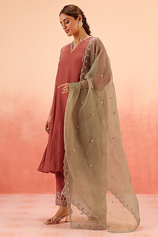 Red Cotton Silk Dori Work A-Line Kurta Set by DOHR INDIA