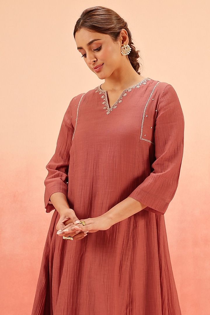 Red Cotton Silk Dori Work A-Line Kurta Set by DOHR INDIA at Pernia's Pop Up Shop