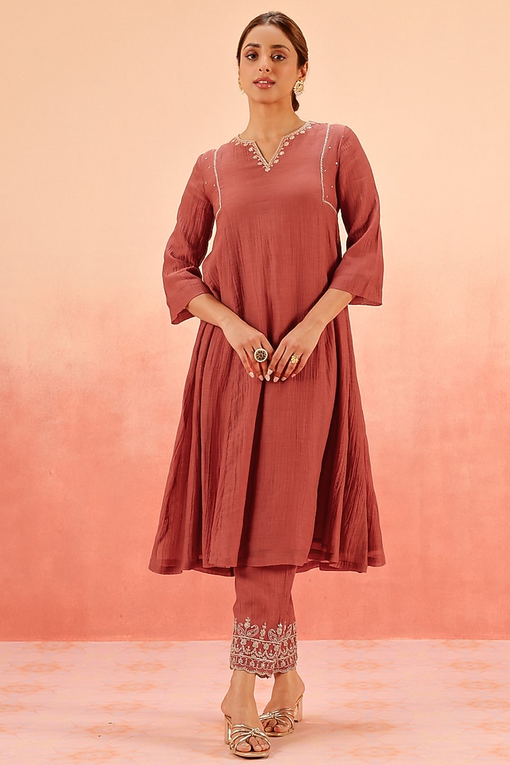 Red Cotton Silk Dori Work A-Line Kurta Set by DOHR INDIA at Pernia's Pop Up Shop