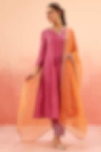 Pink Cotton Silk Dori Work A-Line Kurta Set by DOHR INDIA at Pernia's Pop Up Shop