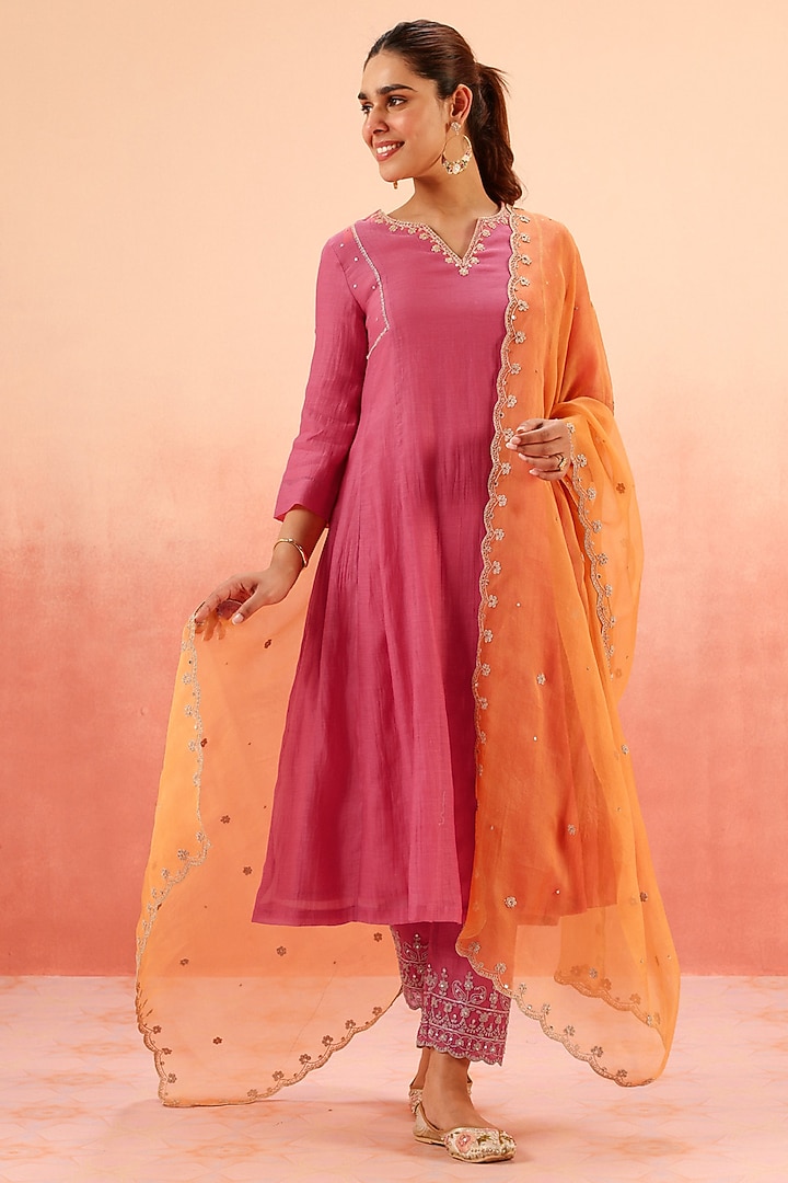 Pink Cotton Silk Dori Work A-Line Kurta Set by DOHR INDIA at Pernia's Pop Up Shop