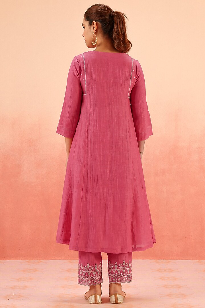 Pink Cotton Silk Dori Work A-Line Kurta Set by DOHR INDIA at Pernia's Pop Up Shop