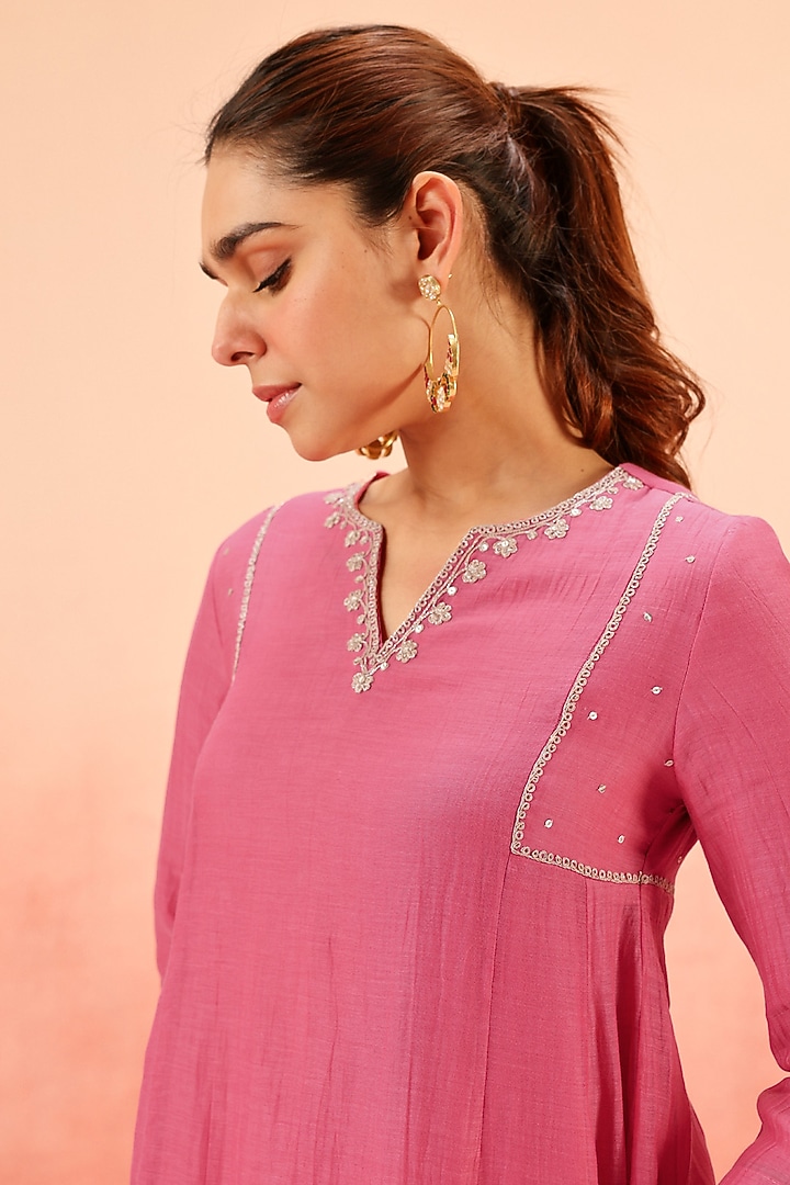 Pink Cotton Silk Dori Work A-Line Kurta Set by DOHR INDIA at Pernia's Pop Up Shop