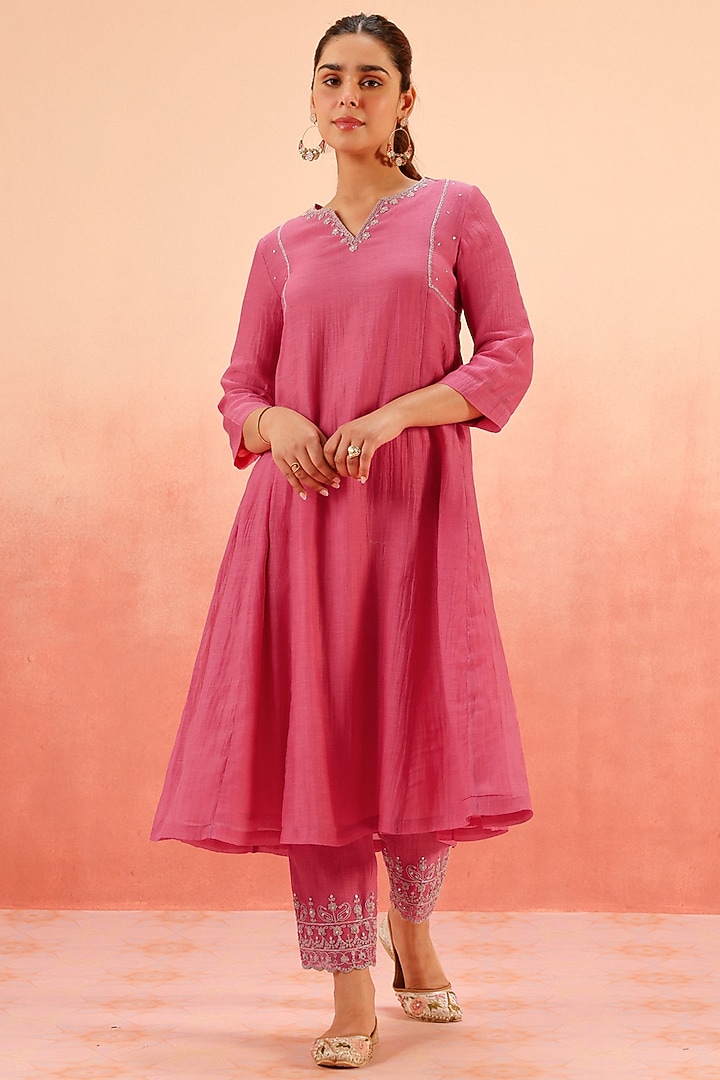 Pink Cotton Silk Dori Work A-Line Kurta Set by DOHR INDIA at Pernia's Pop Up Shop