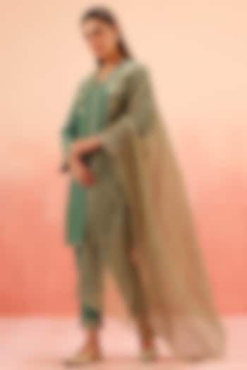 Green Cotton Silk Aari Embroidered A-Line Kurta Set by DOHR INDIA at Pernia's Pop Up Shop