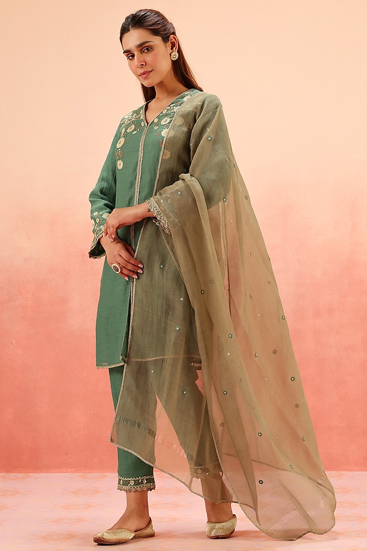 Green Cotton Silk Aari Embroidered A-Line Kurta Set by DOHR INDIA at Pernia's Pop Up Shop