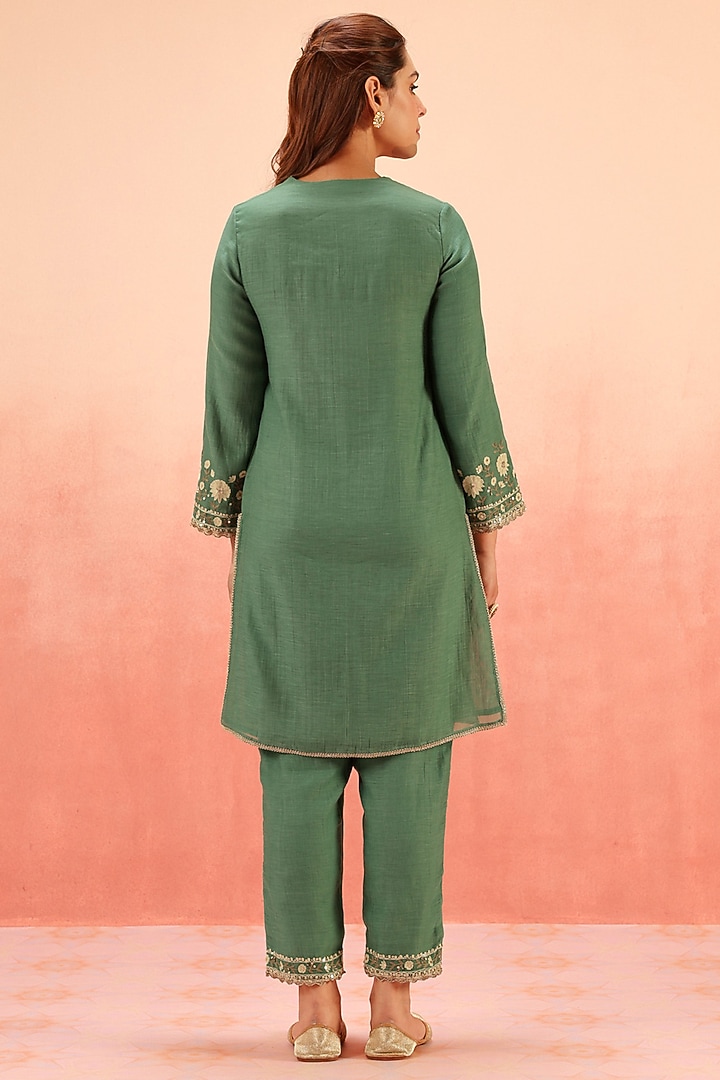 Green Cotton Silk Aari Embroidered A-Line Kurta Set by DOHR INDIA at Pernia's Pop Up Shop