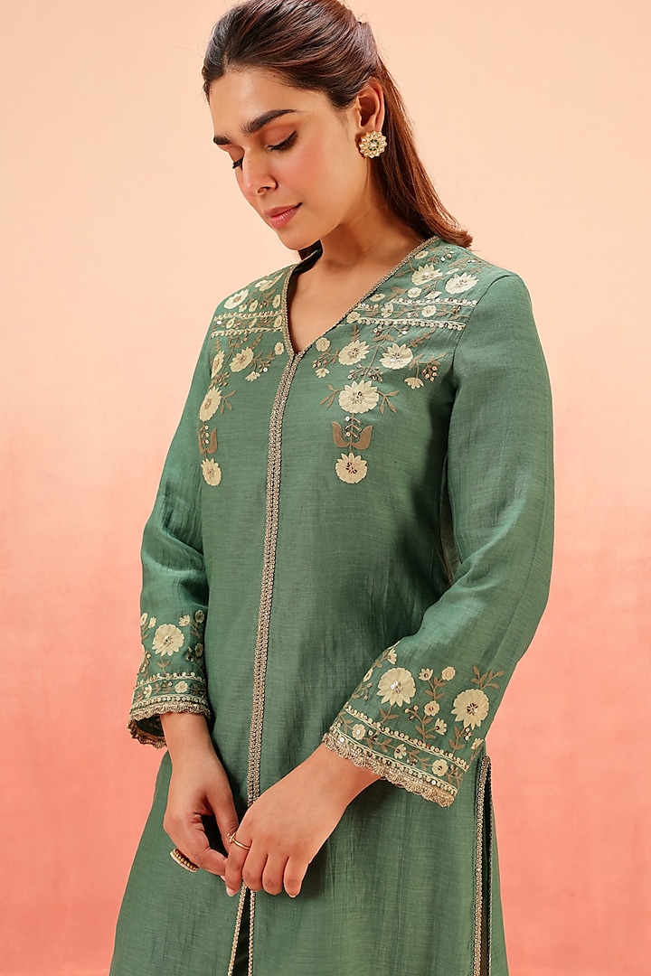 Green Cotton Silk Aari Embroidered A-Line Kurta Set by DOHR INDIA at Pernia's Pop Up Shop
