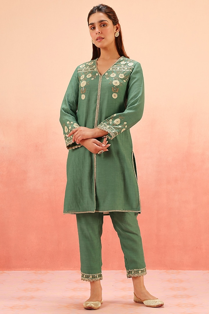 Green Cotton Silk Aari Embroidered A-Line Kurta Set by DOHR INDIA at Pernia's Pop Up Shop