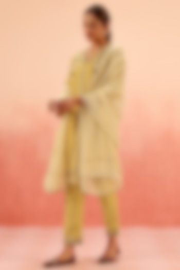 Mustard Cotton Silk Aari Embroidered A-Line Short Kurta Set by DOHR INDIA at Pernia's Pop Up Shop