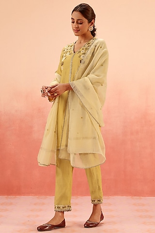 Mustard Cotton Silk Aari Embroidered A-Line Short Kurta Set by DOHR INDIA