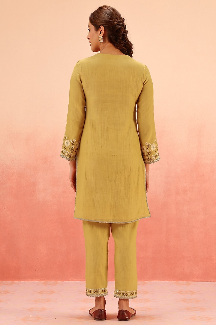 Mustard Cotton Silk Aari Embroidered A-Line Short Kurta Set by DOHR INDIA at Pernia's Pop Up Shop
