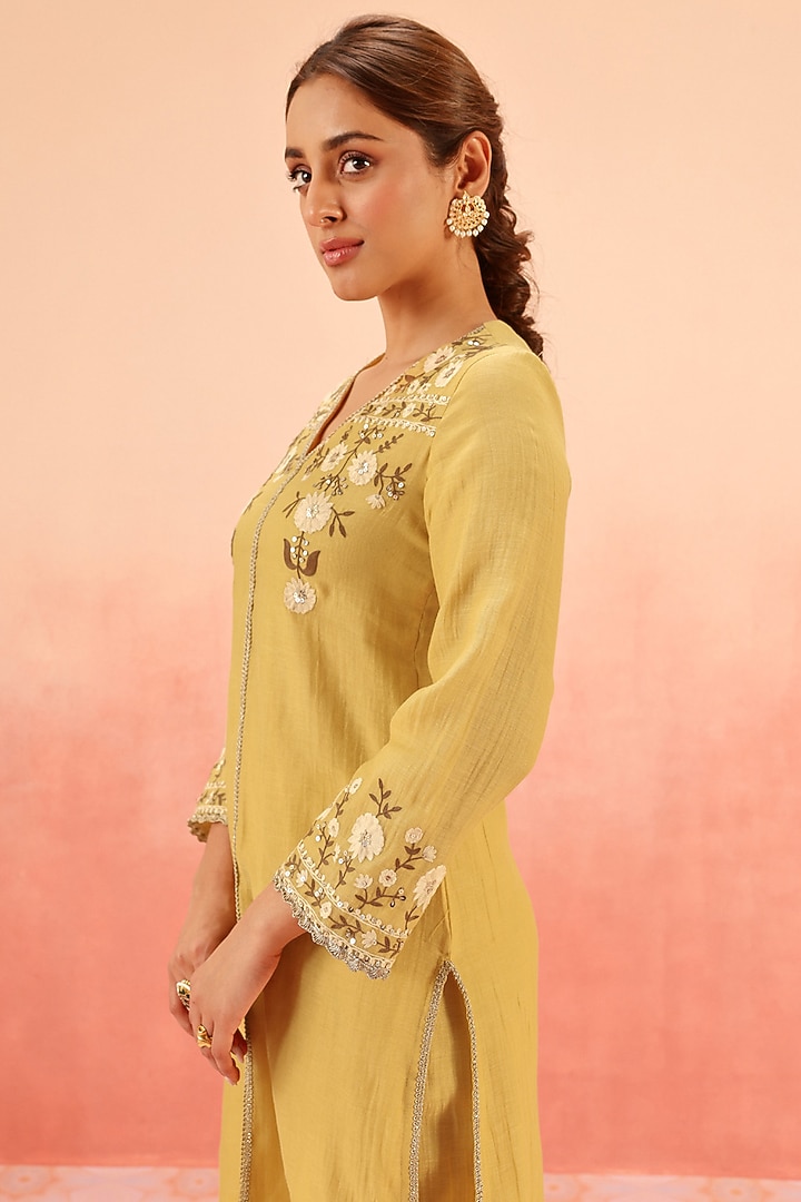 Mustard Cotton Silk Aari Embroidered A-Line Short Kurta Set by DOHR INDIA at Pernia's Pop Up Shop