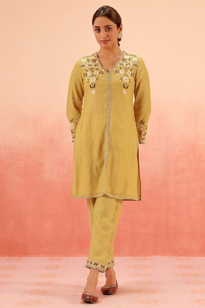 Mustard Cotton Silk Aari Embroidered A-Line Short Kurta Set by DOHR INDIA at Pernia's Pop Up Shop