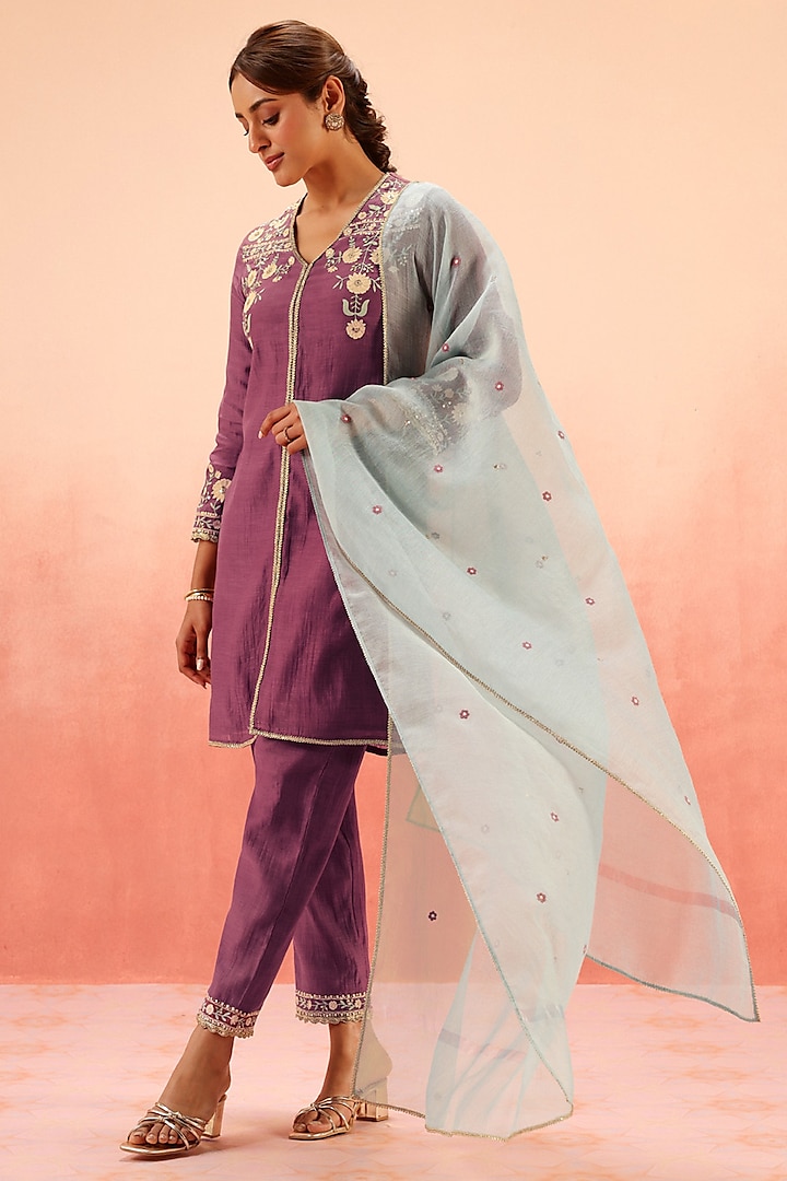 Purple Cotton Silk Aari Embroidered A-Line Short Kurta Set by DOHR INDIA at Pernia's Pop Up Shop