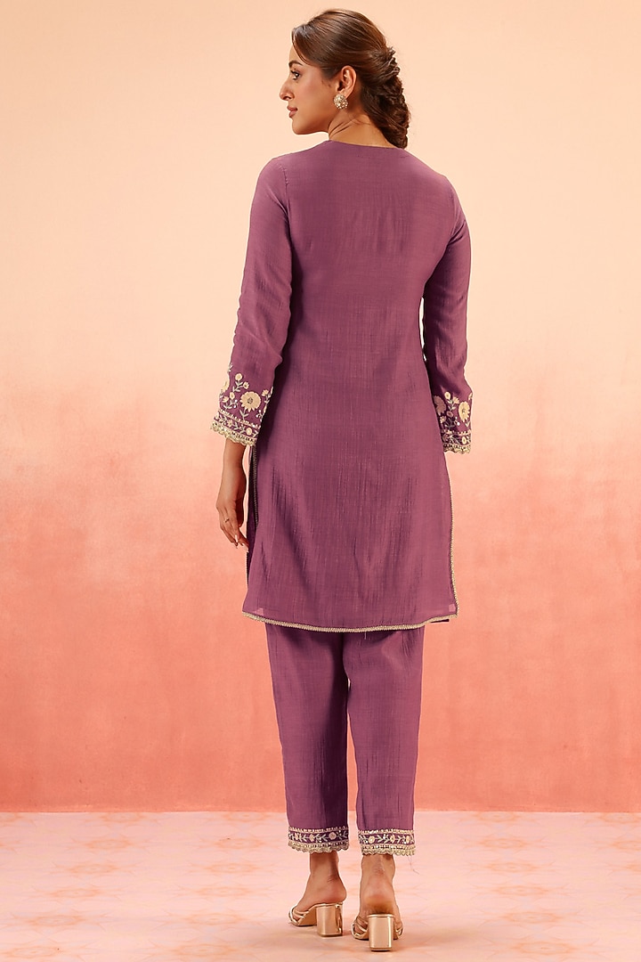 Purple Cotton Silk Aari Embroidered A-Line Short Kurta Set by DOHR INDIA at Pernia's Pop Up Shop