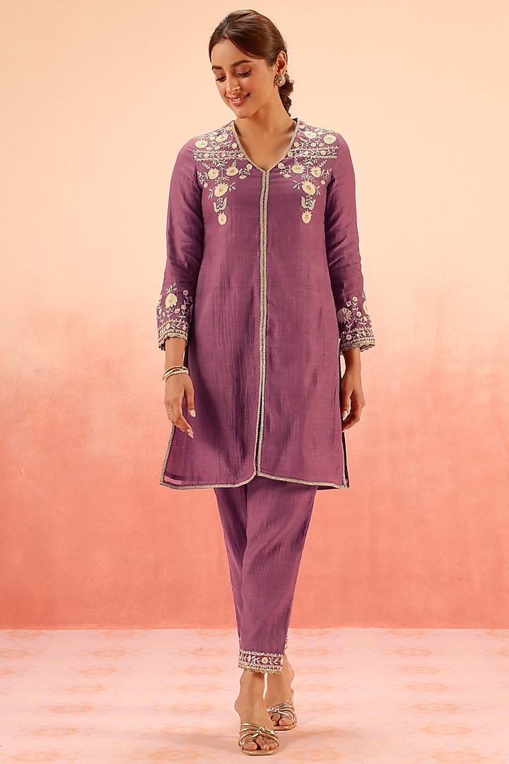 Purple Cotton Silk Aari Embroidered A-Line Short Kurta Set by DOHR INDIA at Pernia's Pop Up Shop