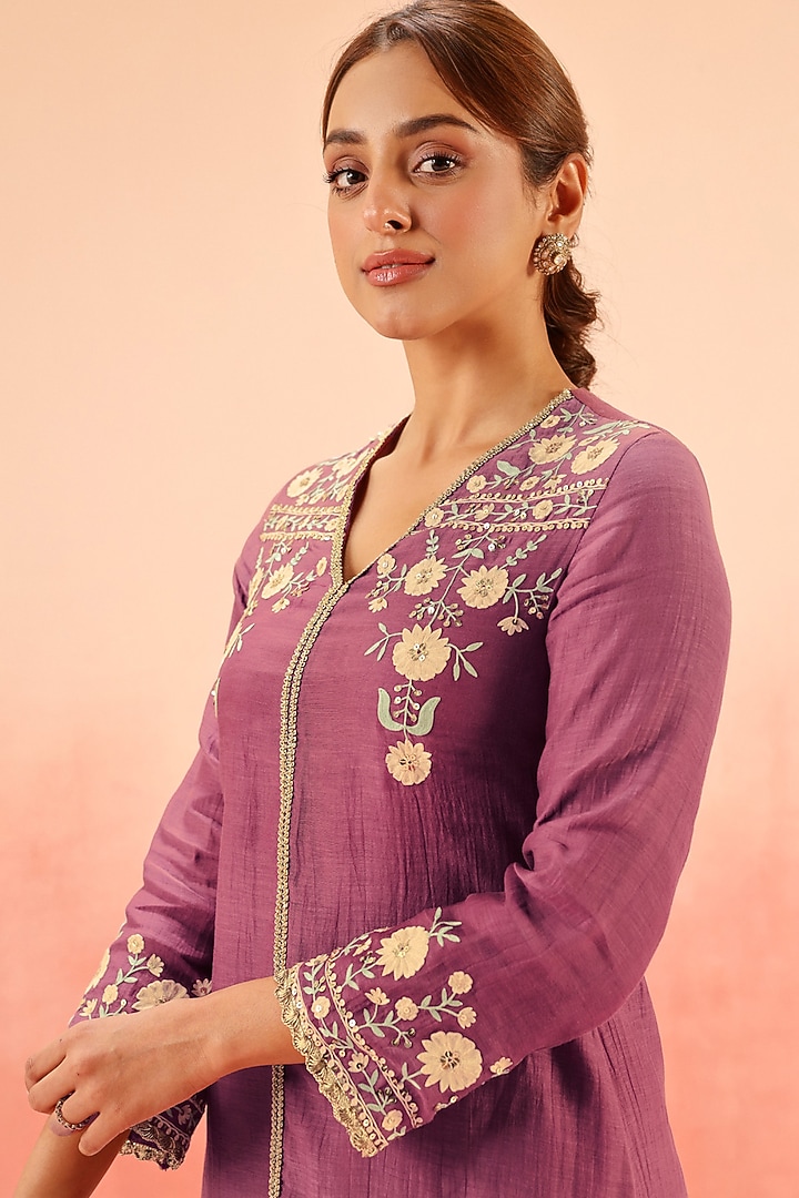 Purple Cotton Silk Aari Embroidered A-Line Short Kurta Set by DOHR INDIA at Pernia's Pop Up Shop