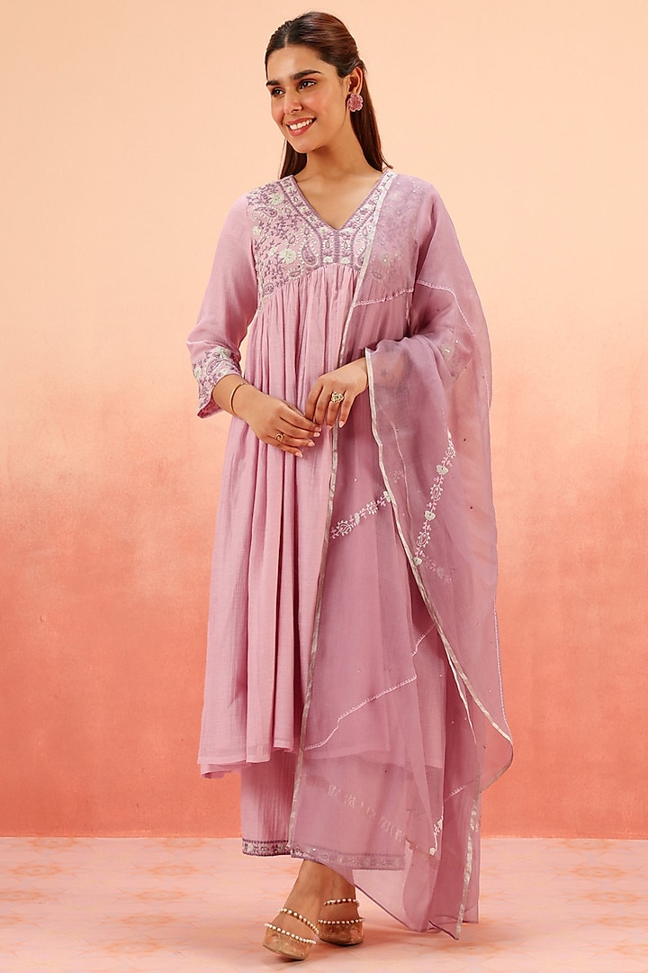 Lavender Cotton Silk Dori Embroidered Party Wear Anarkali Set by DOHR INDIA at Pernia's Pop Up Shop