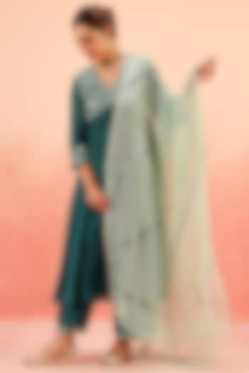 Teal Cotton Silk Dori Embroidered Party Wear Anarkali Set by DOHR INDIA at Pernia's Pop Up Shop