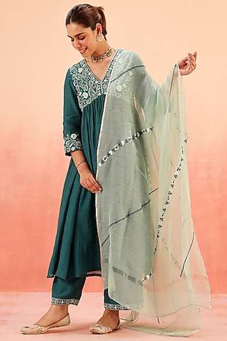 Teal Cotton Silk Dori Embroidered Anarkali Set by DOHR INDIA