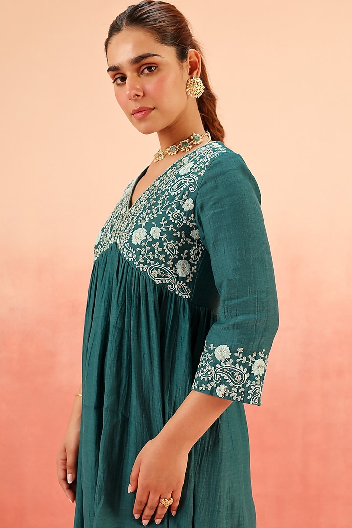 Teal Cotton Silk Dori Embroidered Party Wear Anarkali Set by DOHR INDIA at Pernia's Pop Up Shop